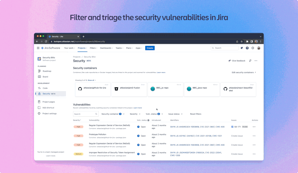 filter and triage the security vulnerabilities in jira