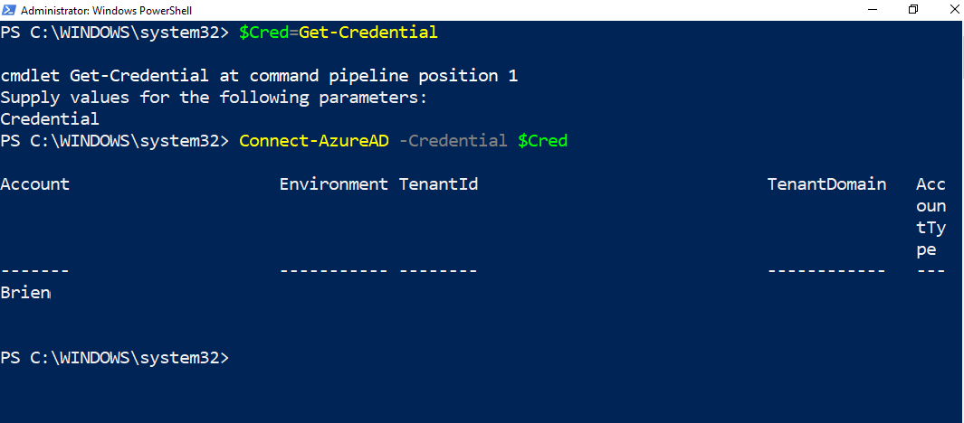 What it looks like when PowerShell has established a connection to Azure AD