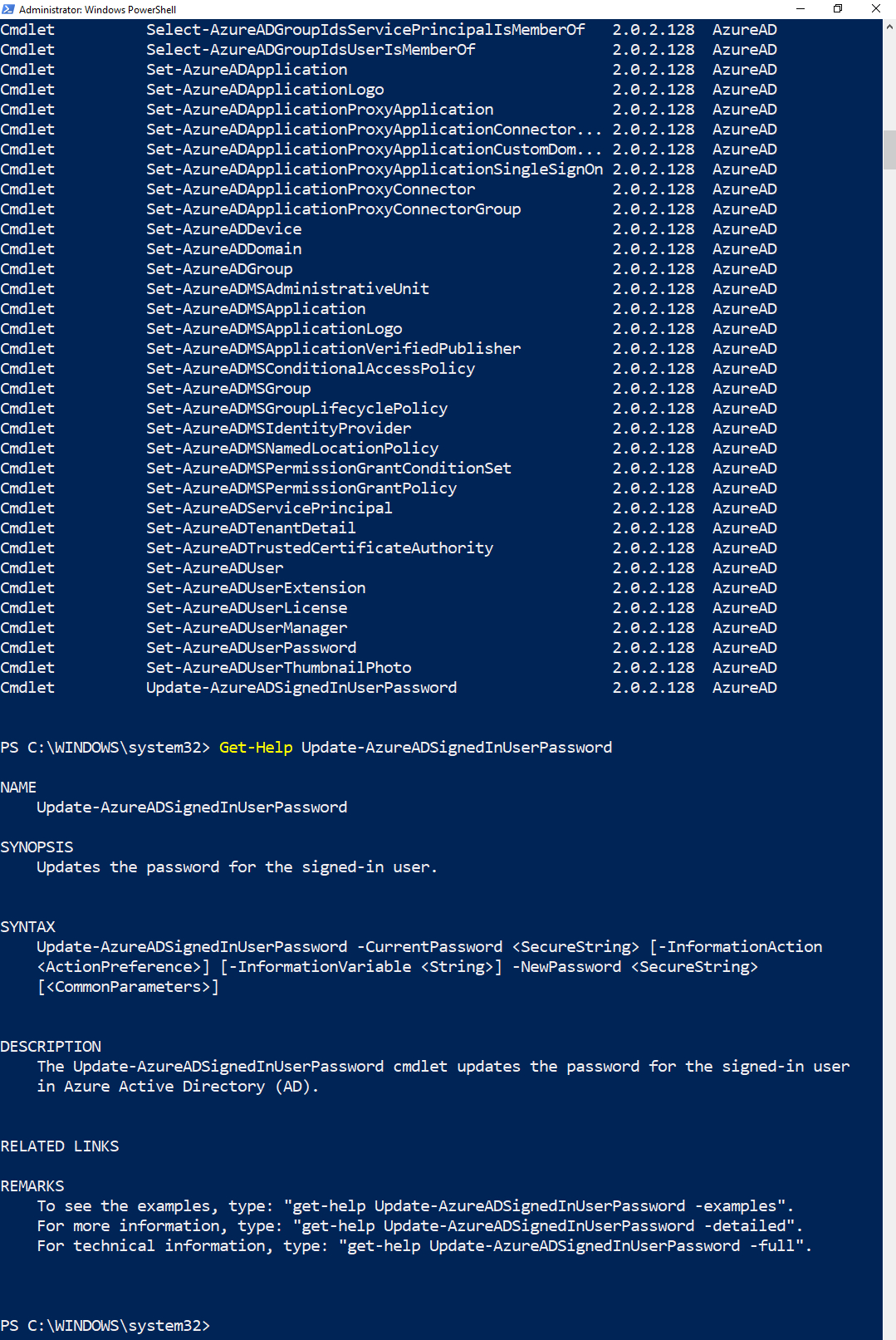 Example of the Get-Help command in PowerShell