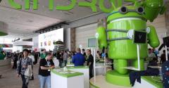 The Android mascot is on display in Moscone West, San Francisco