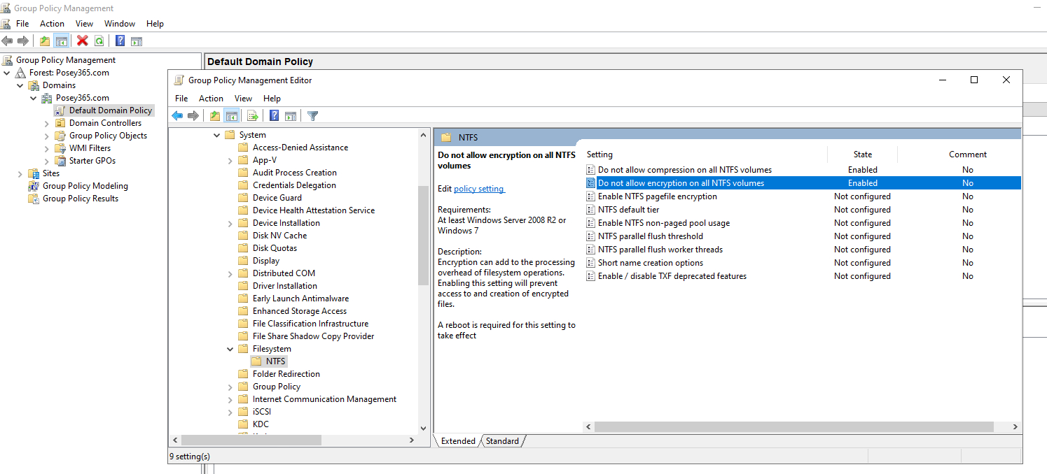 two group policy settings are enabled within the Default Domain Policy