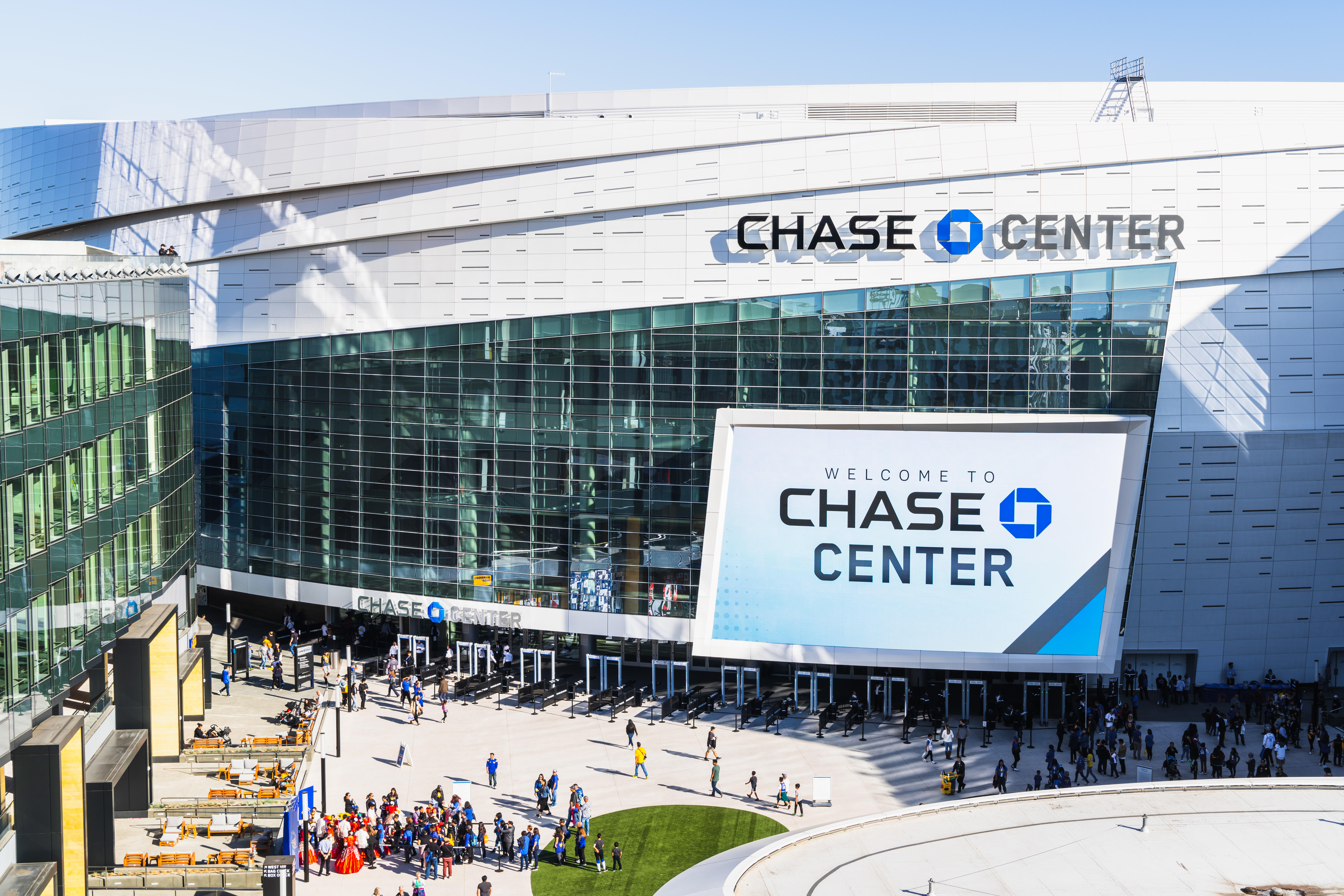 High angle view of the entrance to the Chase Center arena