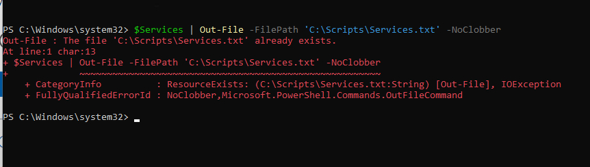 example of NoClobber parameter preventing PowerShell from overwriting an existing file
