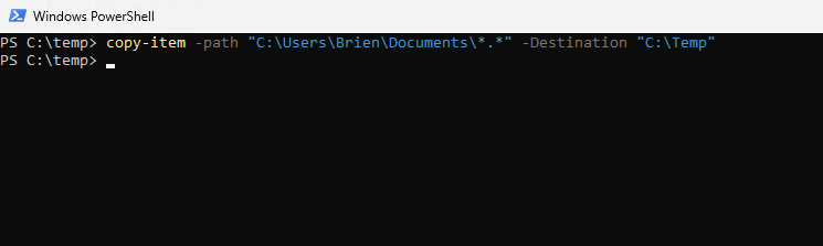 PowerShell screenshot shows replacing the filename with *.* causes PowerShell to copy every file in the folder