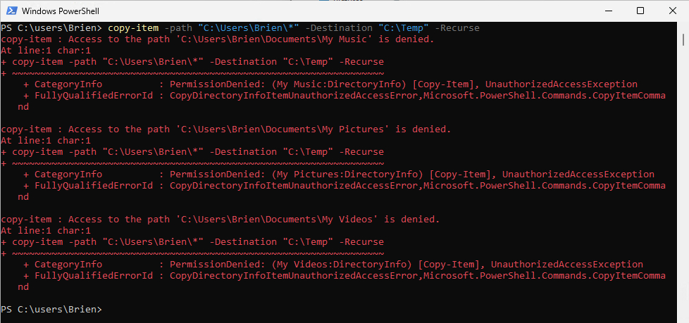 Screenshot shows -Recurse parameter causes subfolders to be copied