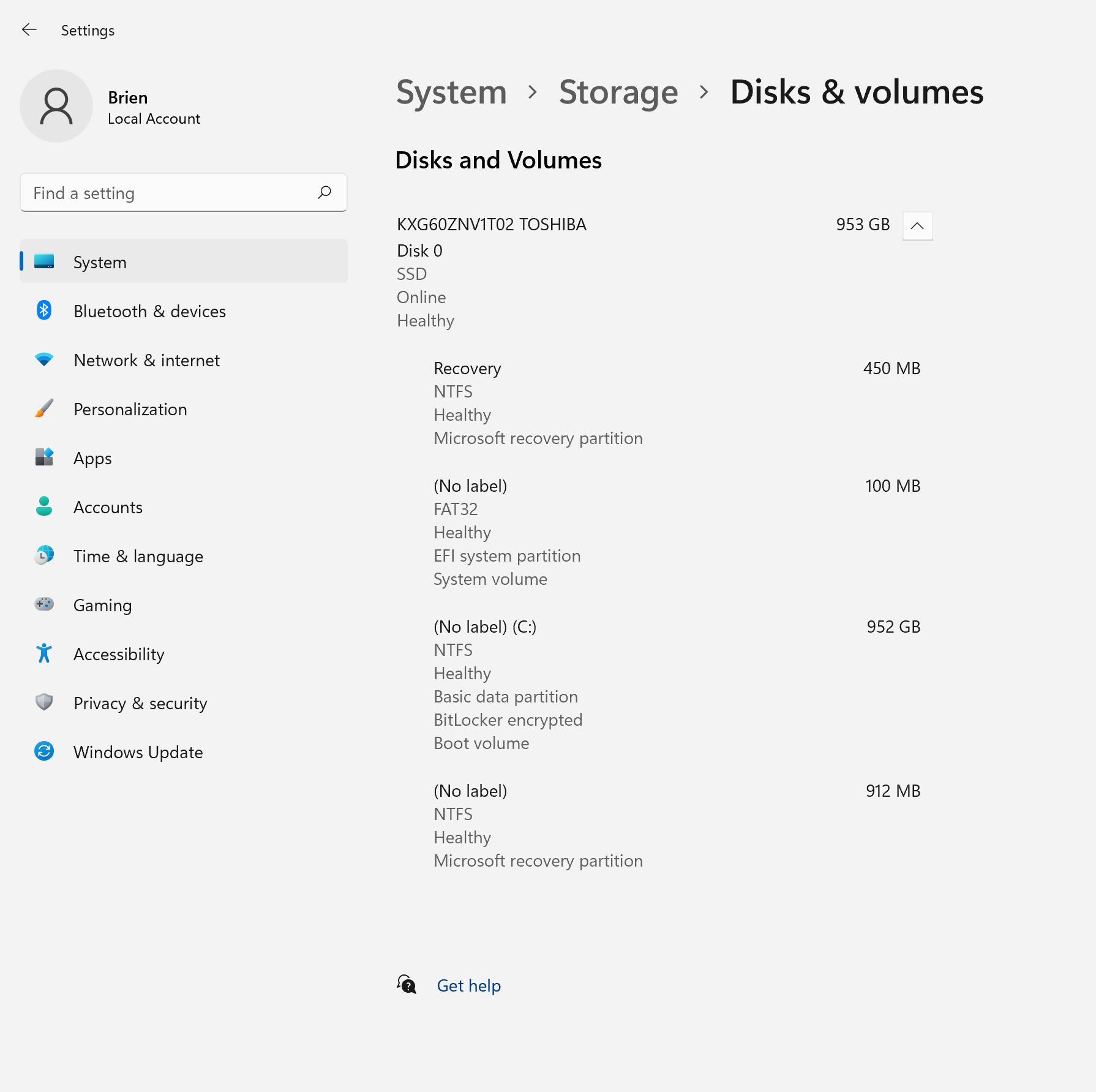 screenshot of Windows 11 Disks and Volumes screen
