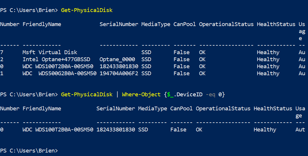 PowerShell screenshot shows Get-PhysicalDisk cmdlet retrieves information about a disk 