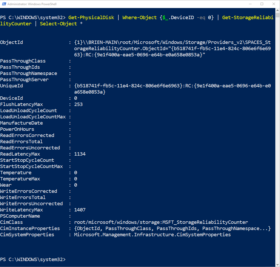 PowerShell screenshot shows some of the available Storage Reliability Counter properties do contain data