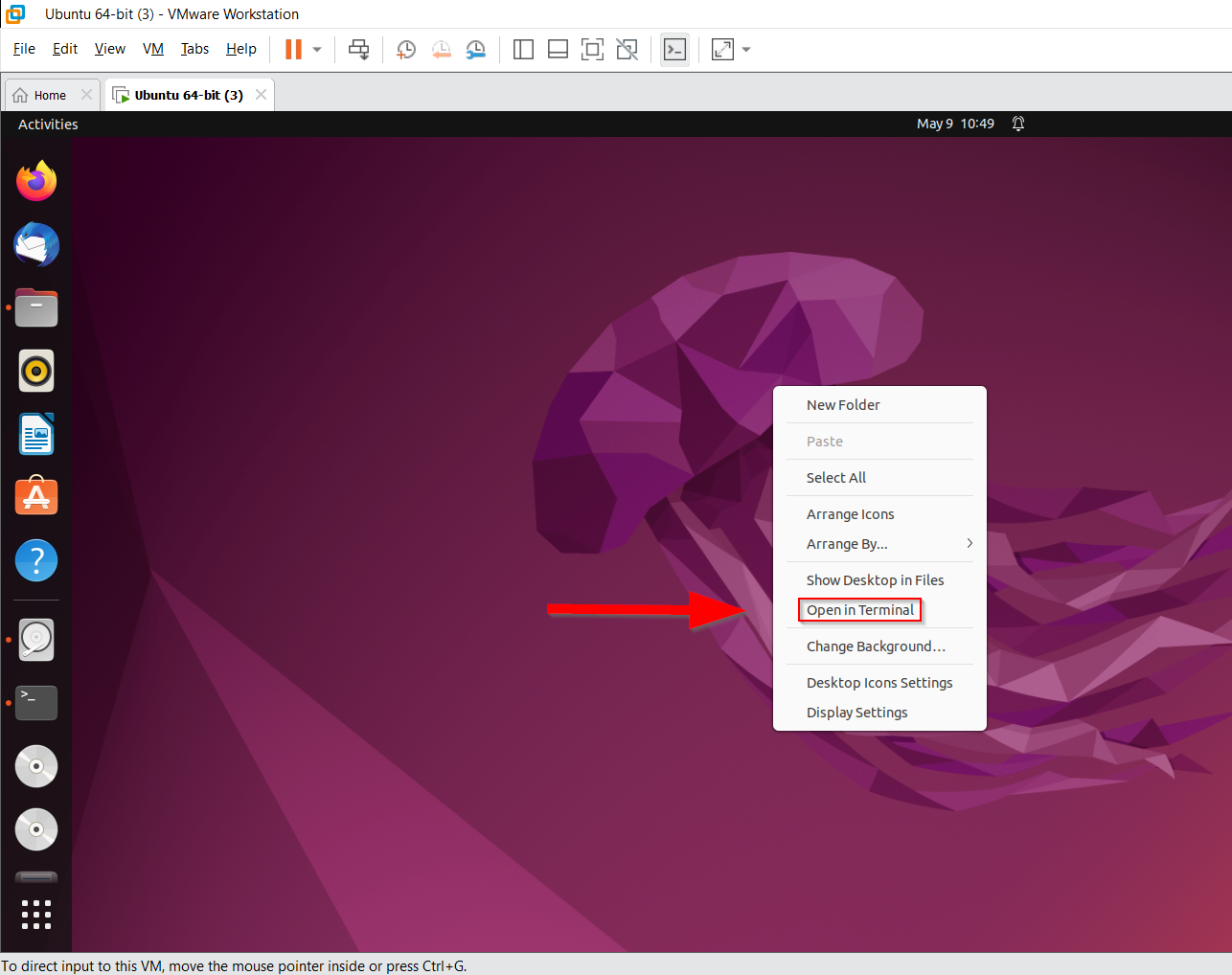 Ubuntu desktop with an menu opened that has the “Open in Terminal” option