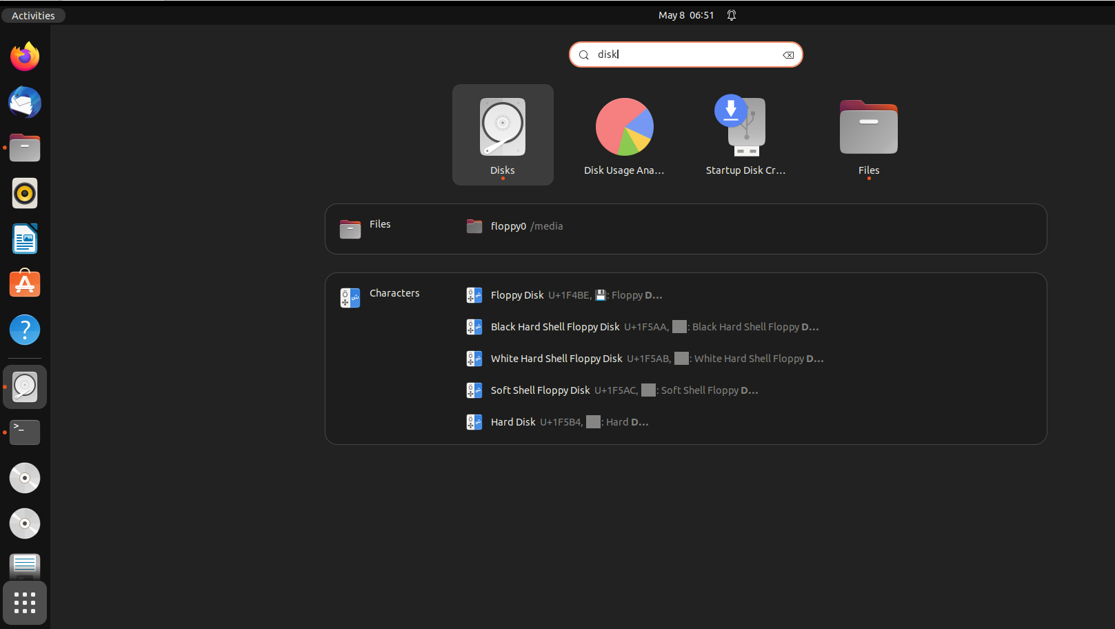 Find the GNOME Disks utility by typing “disks” into the GNOME search bar